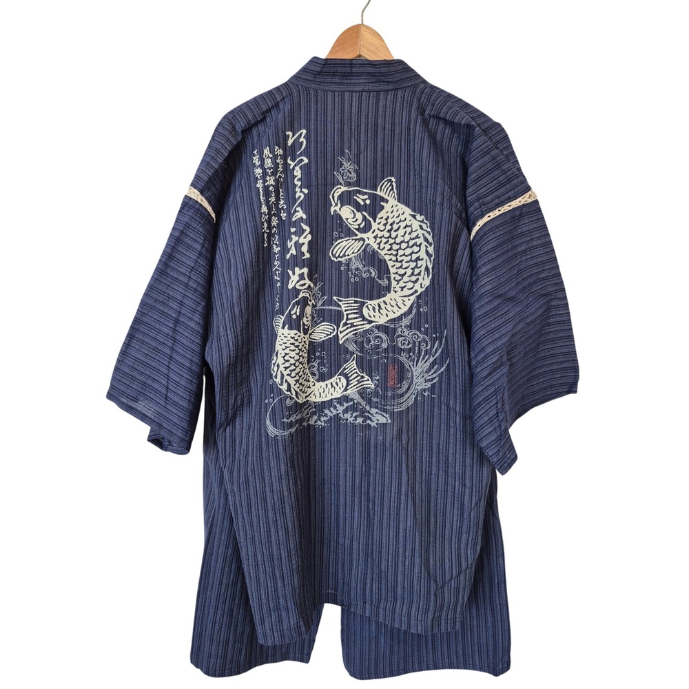Cure-all Japanese Jinbei Set Men's 3L US XL Blue Striped Koi Fish Cotton Kimono